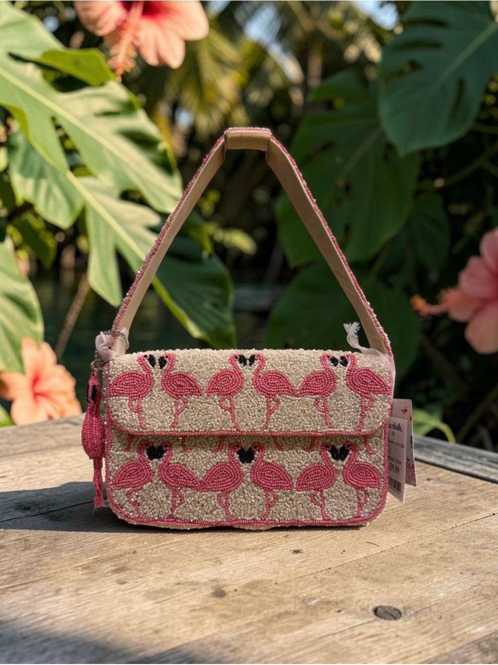 Viral Pink Flamingo Beaded Shoulder Bag with Flamingo bag charm